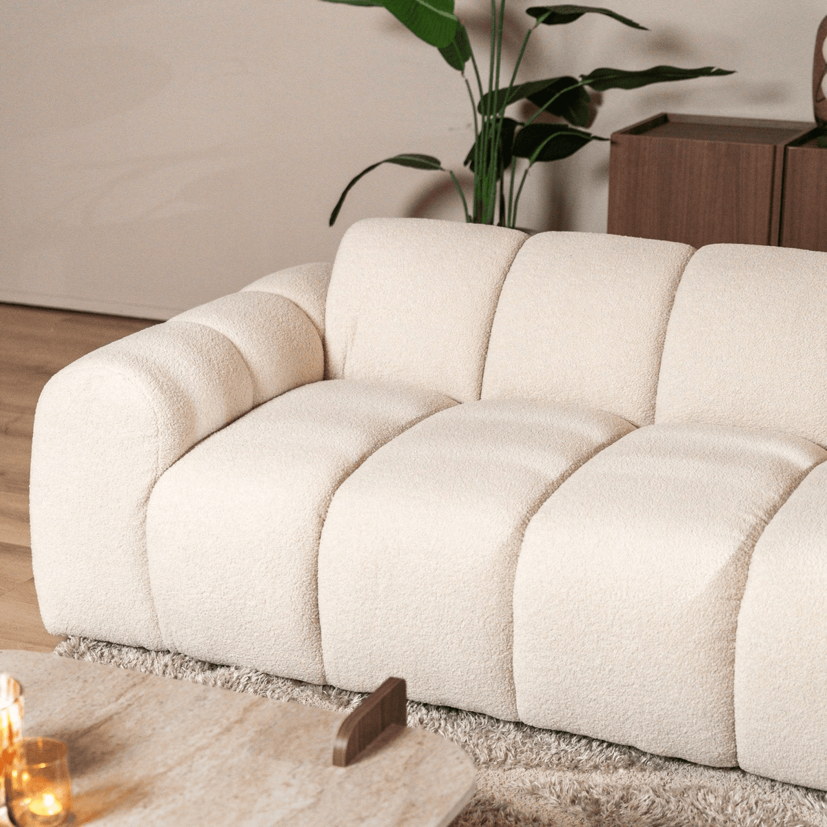 Sofas-Corner sofa with lounge beige bouclé fabric - stripes - right - Brix-Dimehouse
