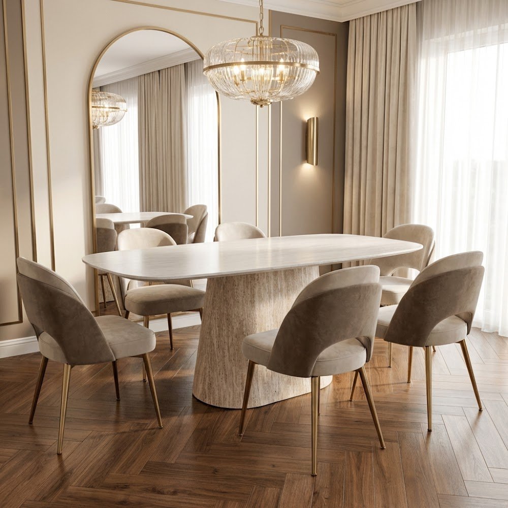 Eettafels - Sintered Stone Marmerlook Travertin Eettafel Lea 180x90 cm - Deens Ovaal - Dimehouse