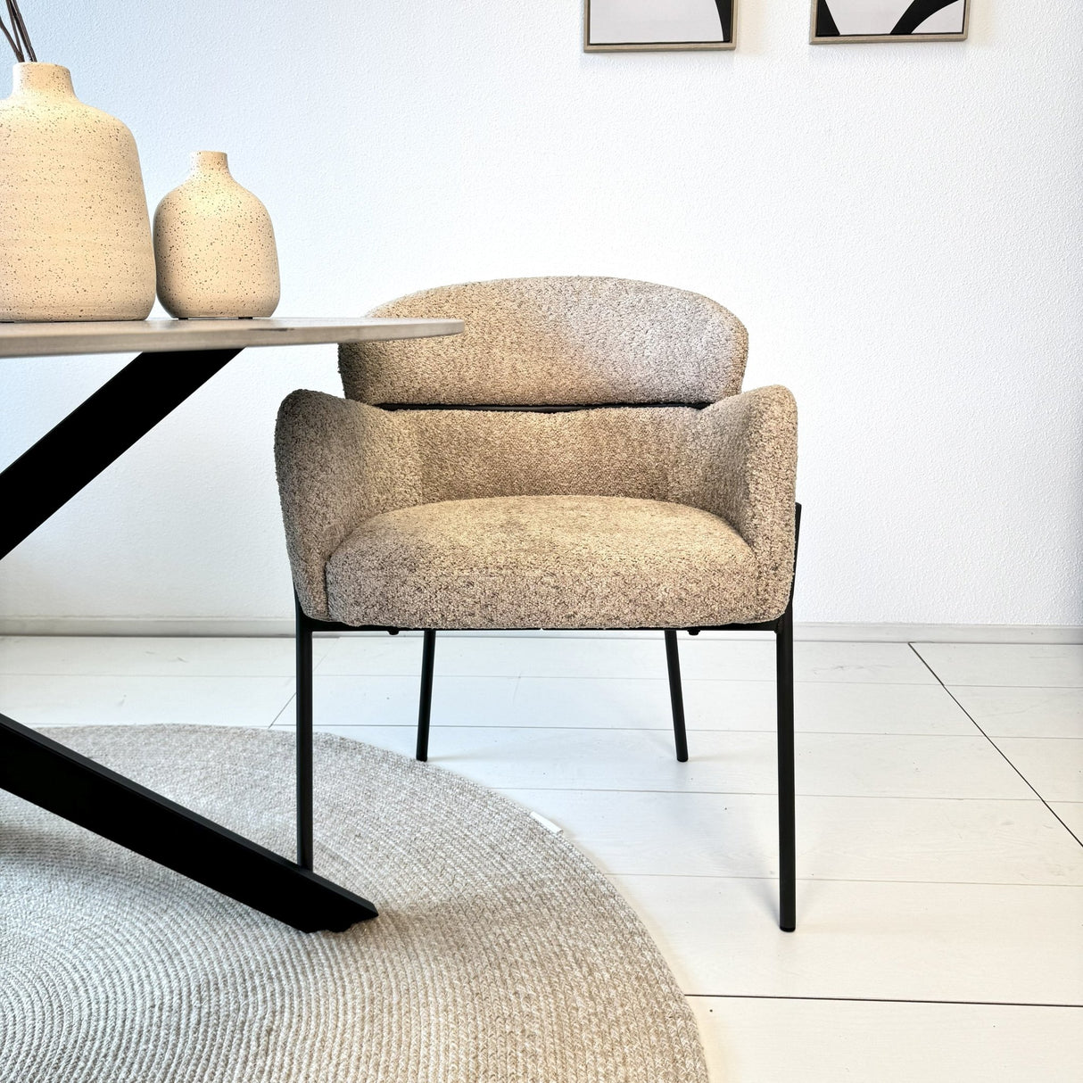 Dining chair Lola Bouclé fabric Beige with round back and arm