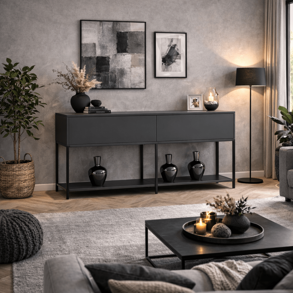 Modern Dressoir Anthracite Lord 150x30x80 - Black Frame - Two Compartments