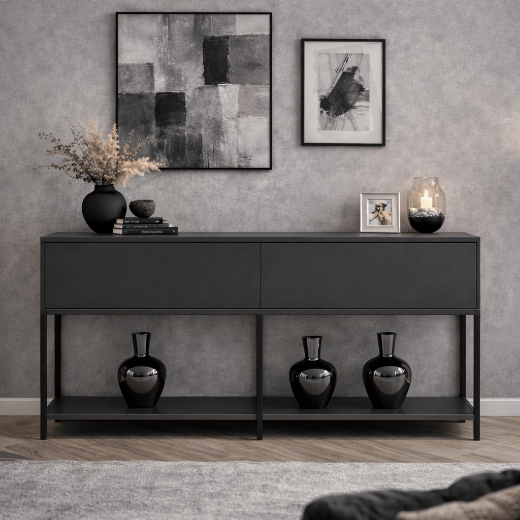 Modern Dressoir Anthracite Lord 150x30x80 - Black Frame - Two Compartments