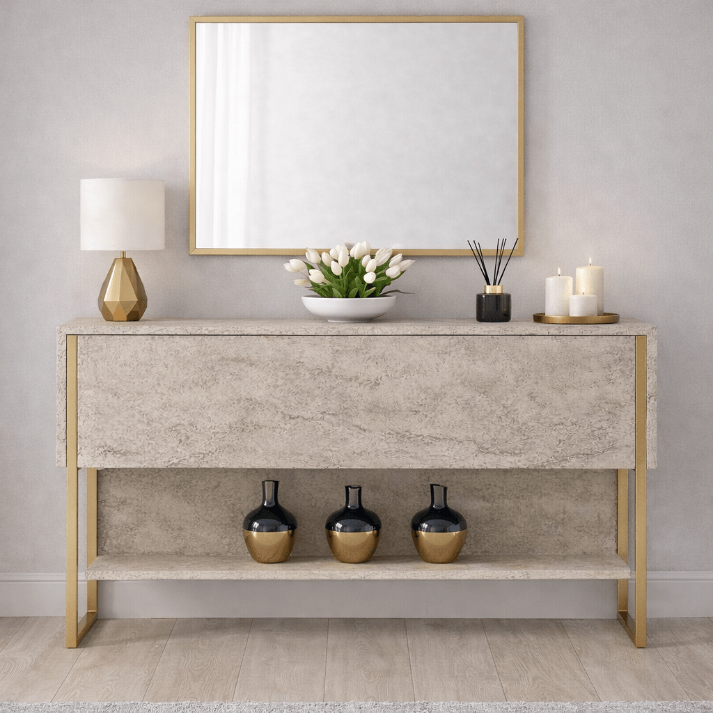 Modern Sideboard Travertine Luxury 120x80x30 - Golden Frame - One Compartment