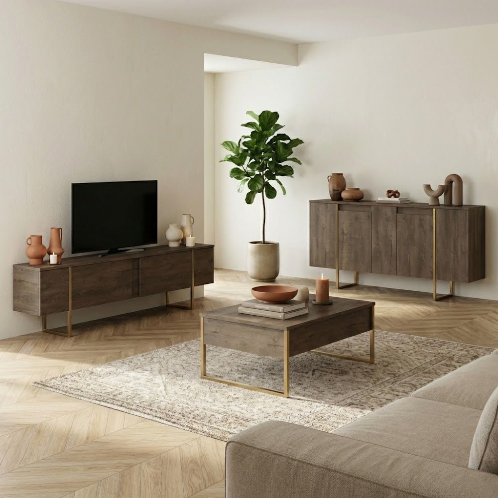 Modern sideboard Walnut Luxe 160x80x35 - Gold frame