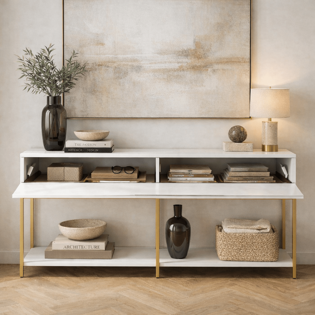 Modern Sideboard White Lord 150x30x80 - Gold Frame - Two Compartments