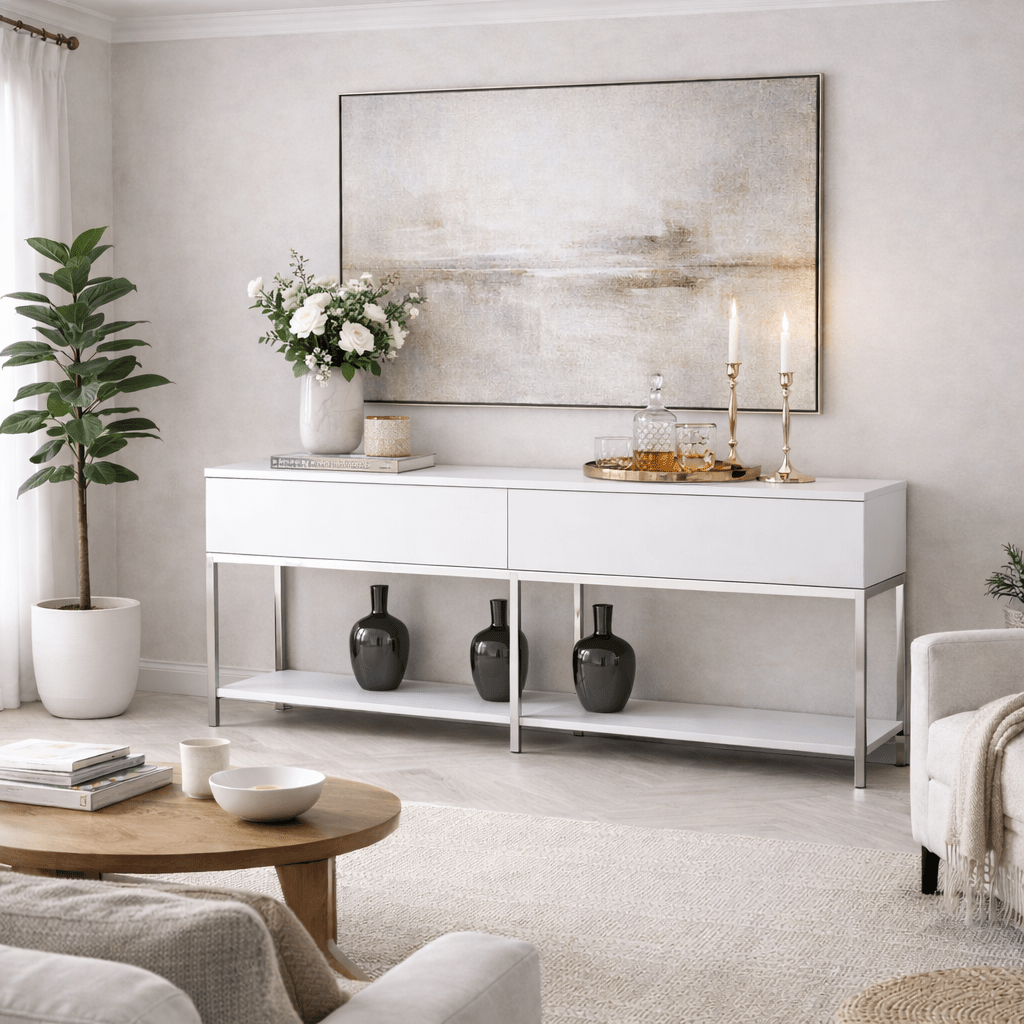 Modern Dresser White Lord 150x30x80 - Silver Frame - Two Compartments