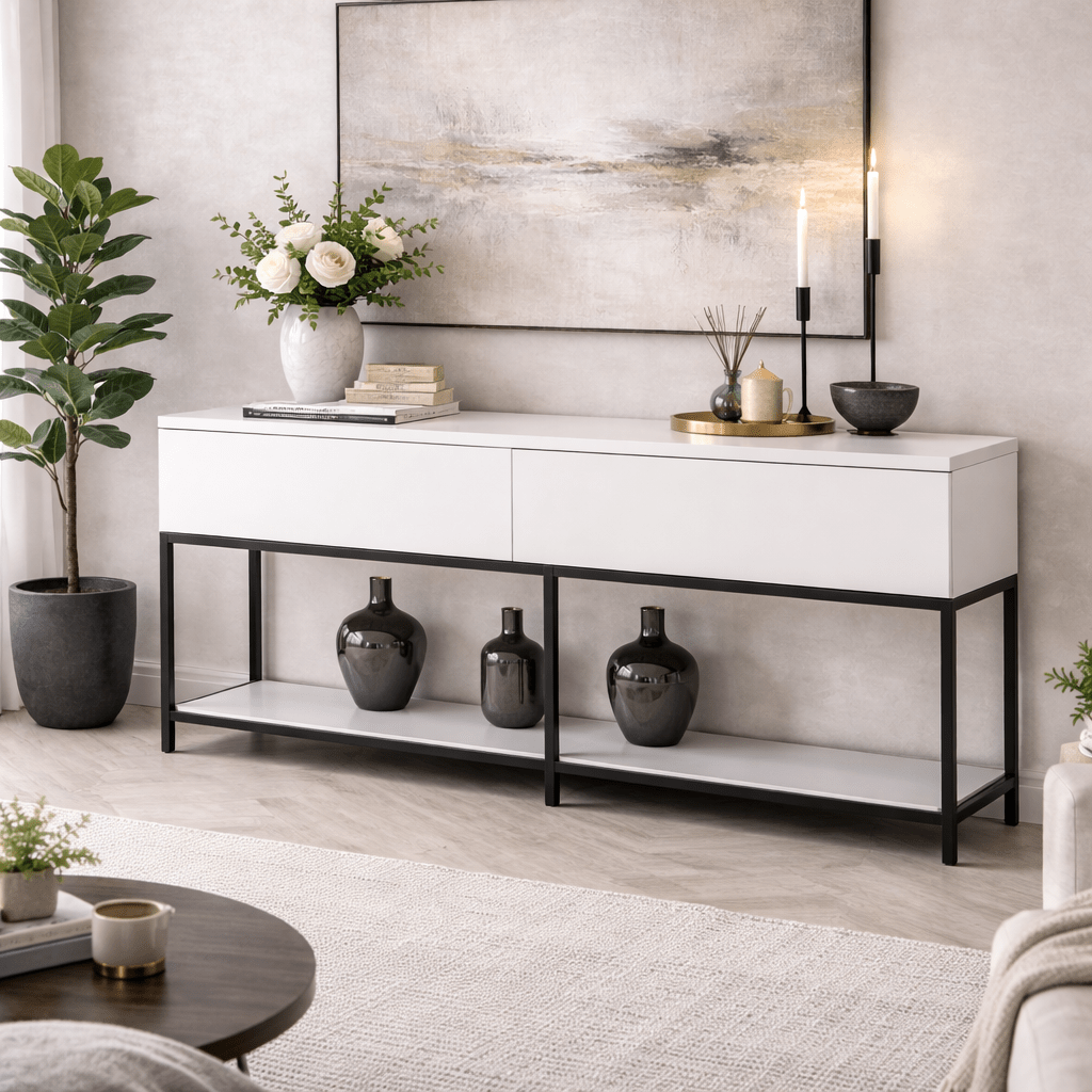 Modern Sideboard White Lord 150x30x80 - Black Frame - Two Compartments