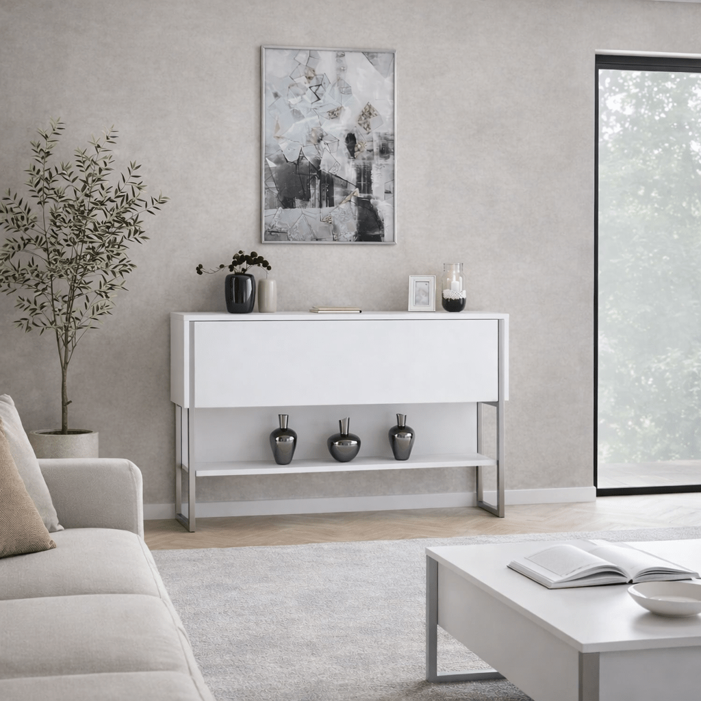 Modern Sideboard White Luxury 120x80x30 - Silver Frame - One Compartment