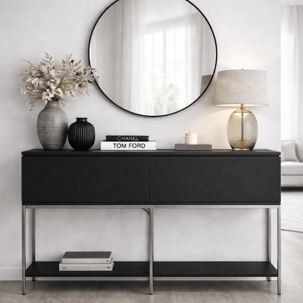 Modern Sideboard Black Lord 150x30x80 - Silver Frame - Two Compartments