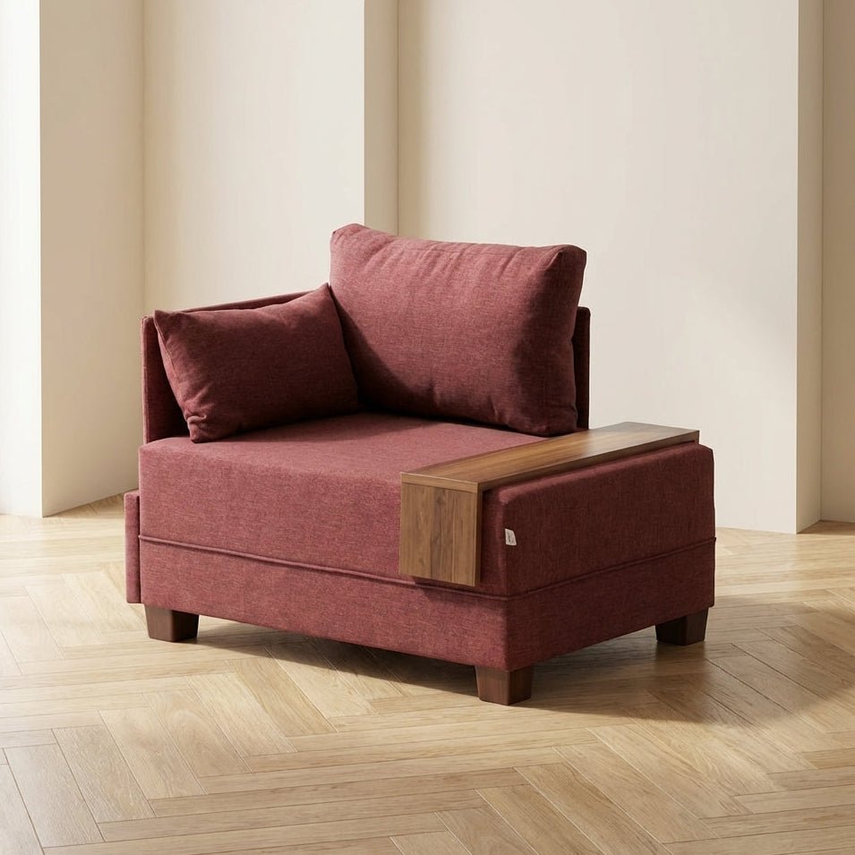 Moderne Fauteuil Bordeaux Rood Stof Fly - Links - Met Houten Tafeltje sfeerfoto in modern interieur