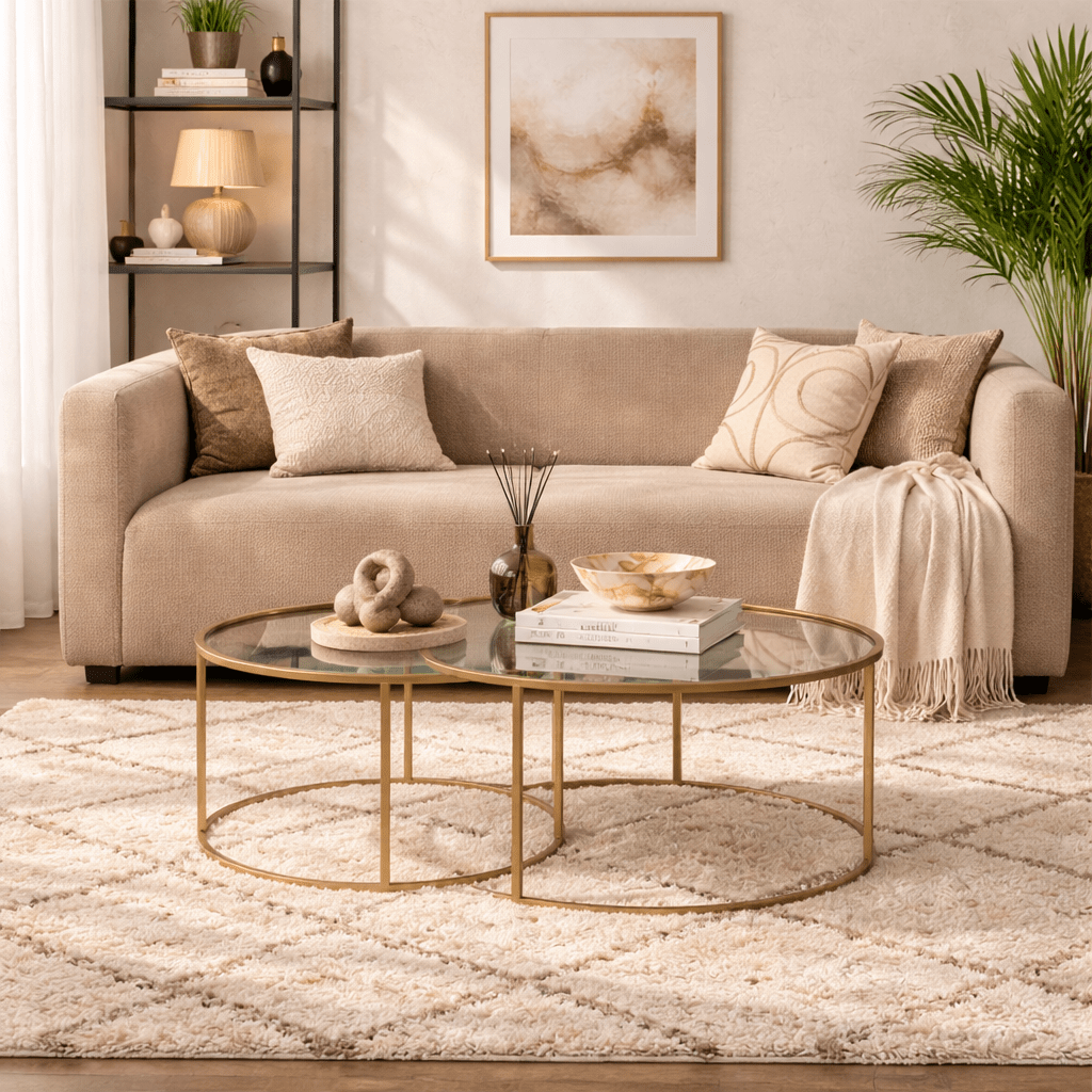 Modern Round Coffee Table Set of 2 Uru Gold - Transparent Glass - 80/60 cm