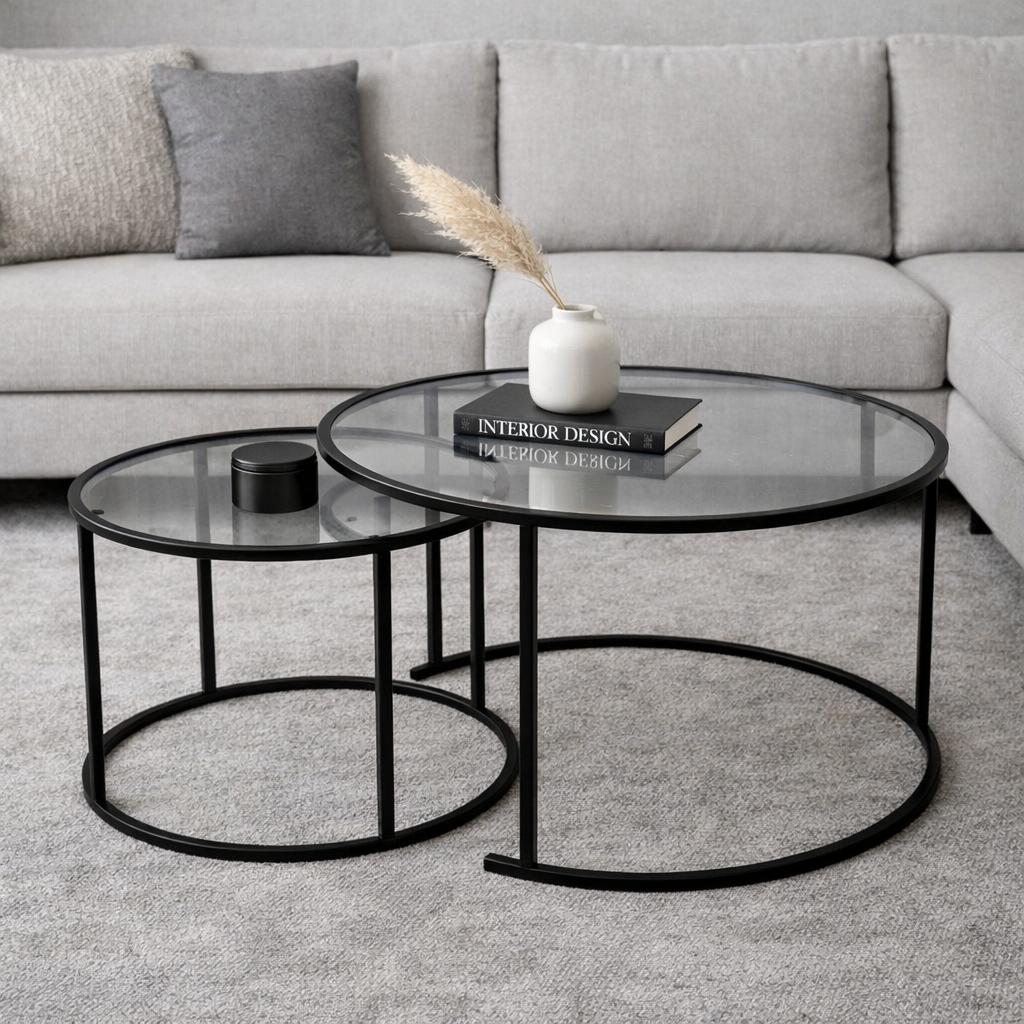 Modern Round Coffee Table Set of 2 Uru Black - Grey Glass - 80/60 cm