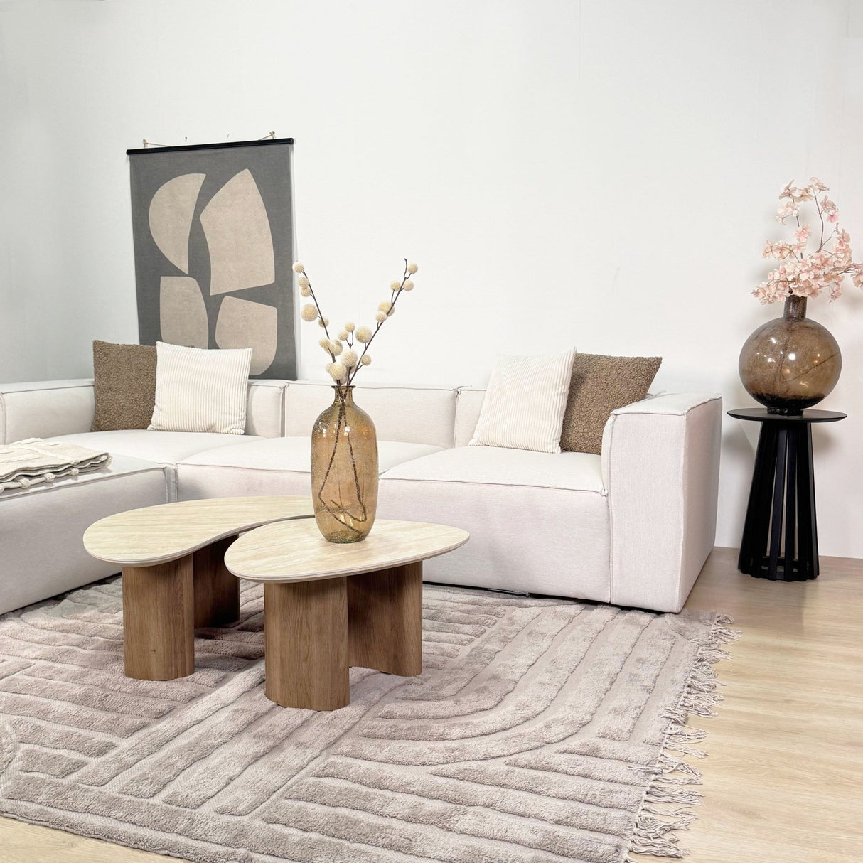 Modular corner sofa with loose pouf in ecru beige linen fabric Fora - left