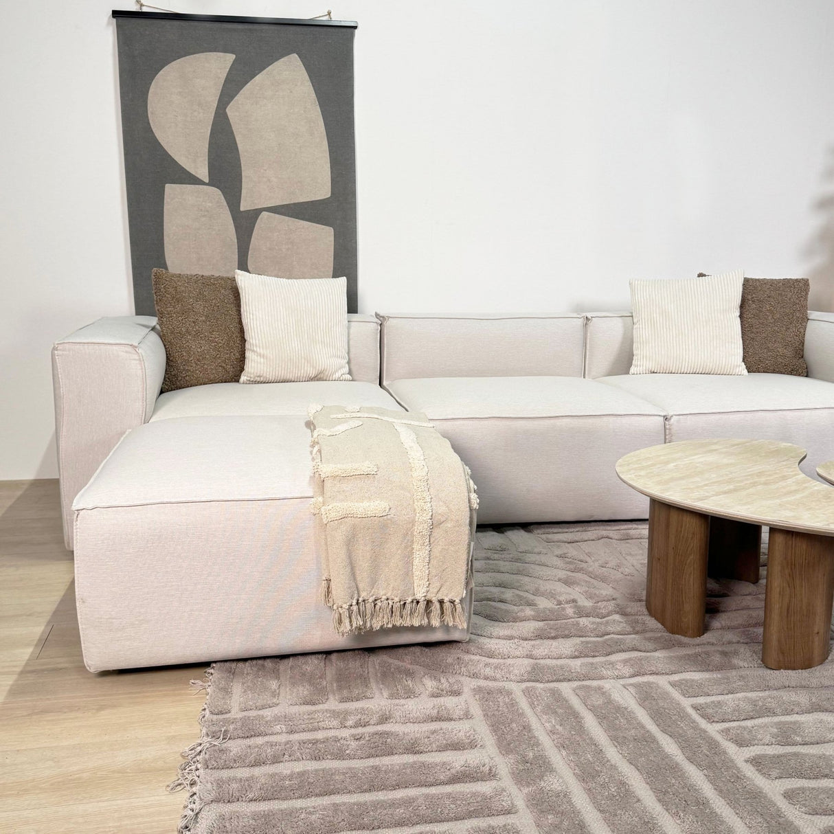 Modular corner sofa with loose pouf in ecru beige linen fabric Fora - left