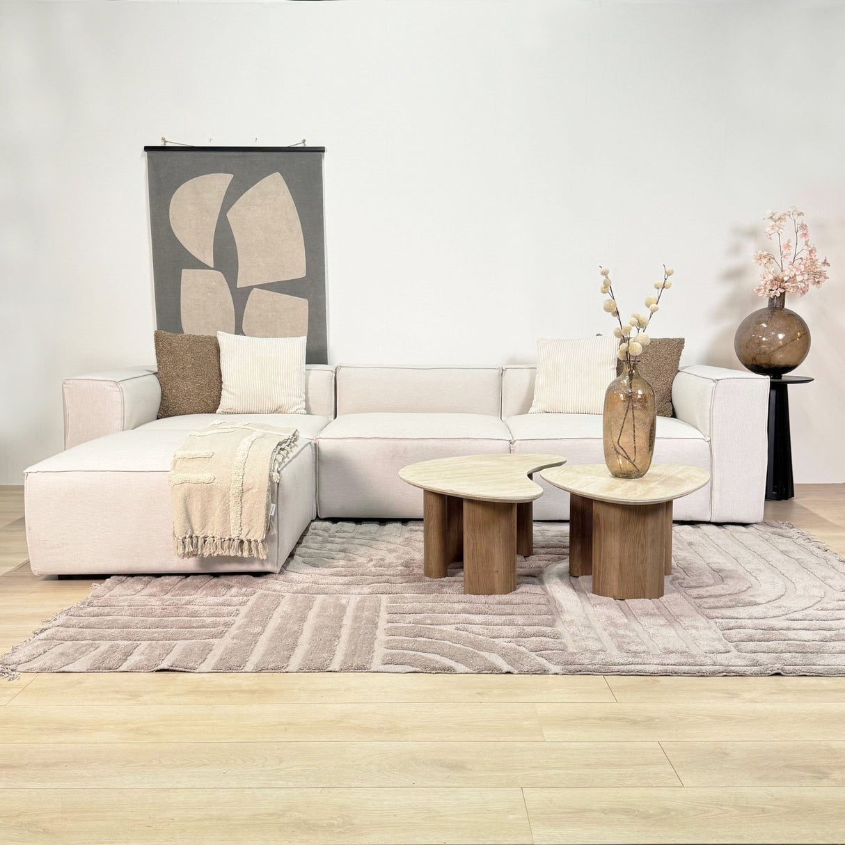 Modular corner sofa with loose pouf in ecru beige linen fabric Fora - left