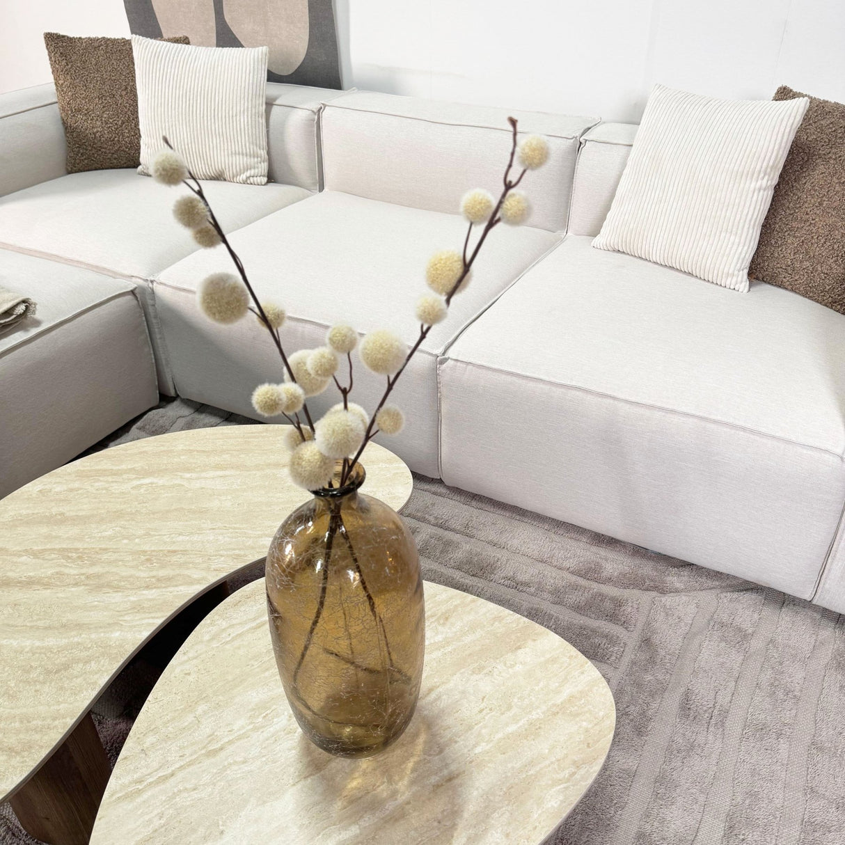 Modular corner sofa with loose pouf in ecru beige linen fabric Fora - left