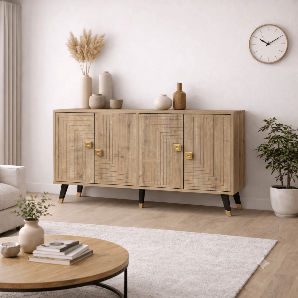 Sideboards-Modern Sideboard Sapphire Oak Look-Gold 120 cm Melamine Ahart-Dimehouse