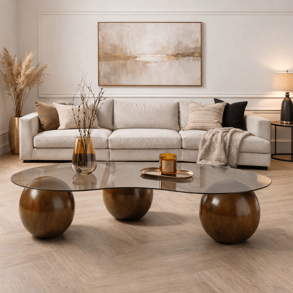 Living room table Sphere Walnut and Grey 120x70 cm Walnut Grey Tempered glass