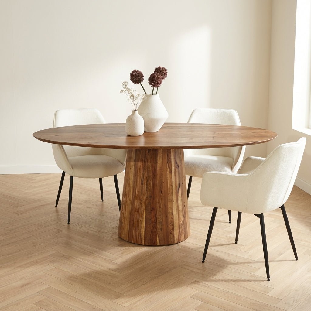 Oval dining table Amelia Acacia wood O-leg atmospheric photo in a modern interior