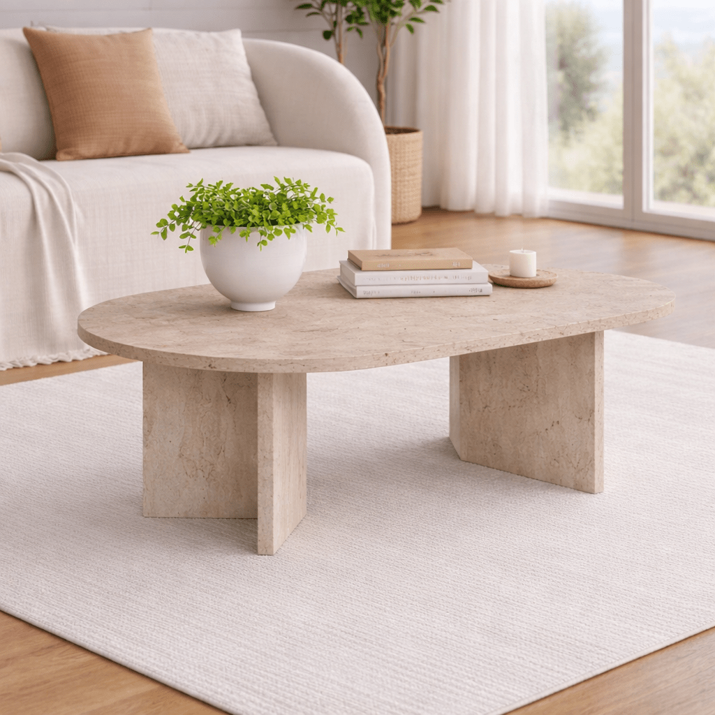 Oval coffee table travertine melamine - Japandi - 119x60 cm - Sota