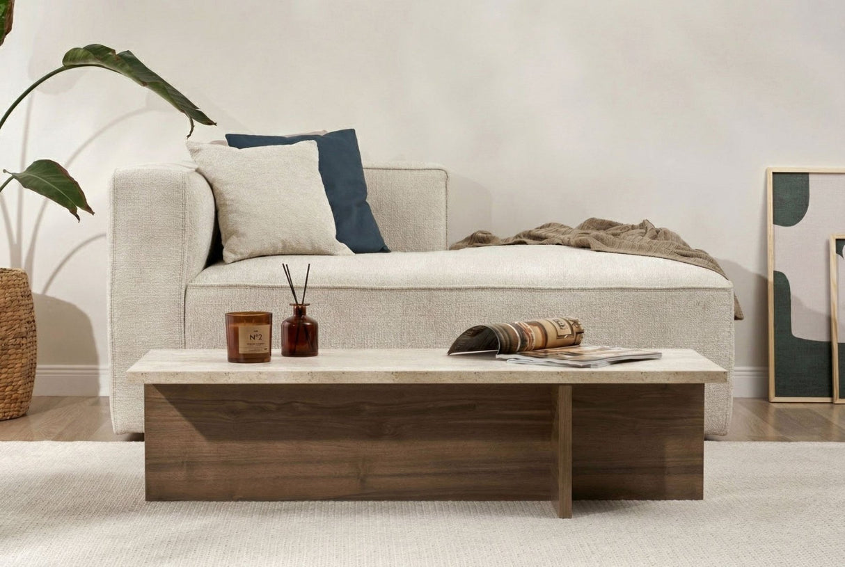 Modern rectangular coffee table with travertine top and walnut melamine base. Dimensions: 120 x 45 x 30 cm.