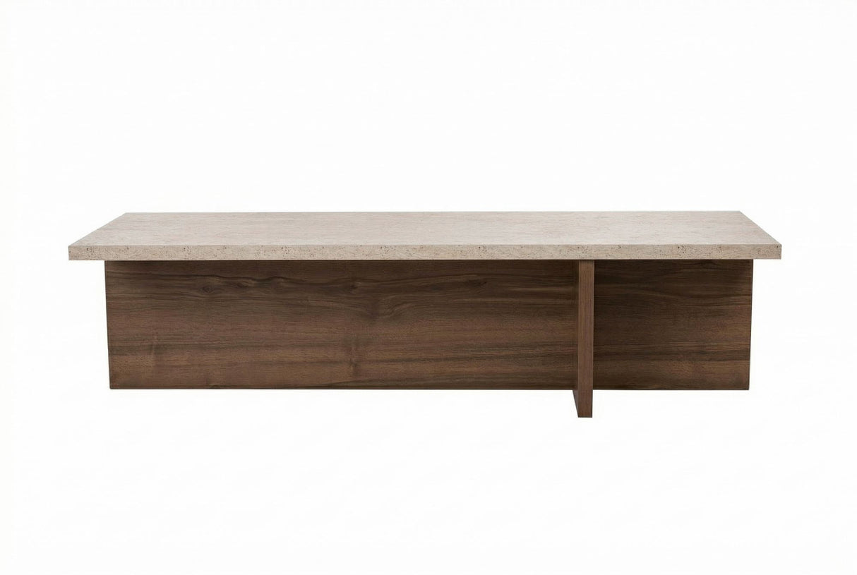 white photo of rectangular coffee table travertine look table top with walnut look frame