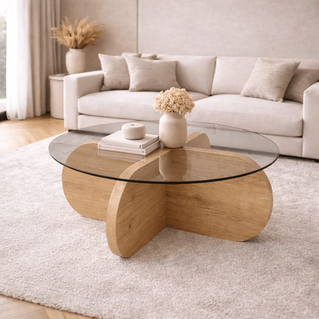 Round coffee table Aris oak look melamine and transparent glass 75 cm