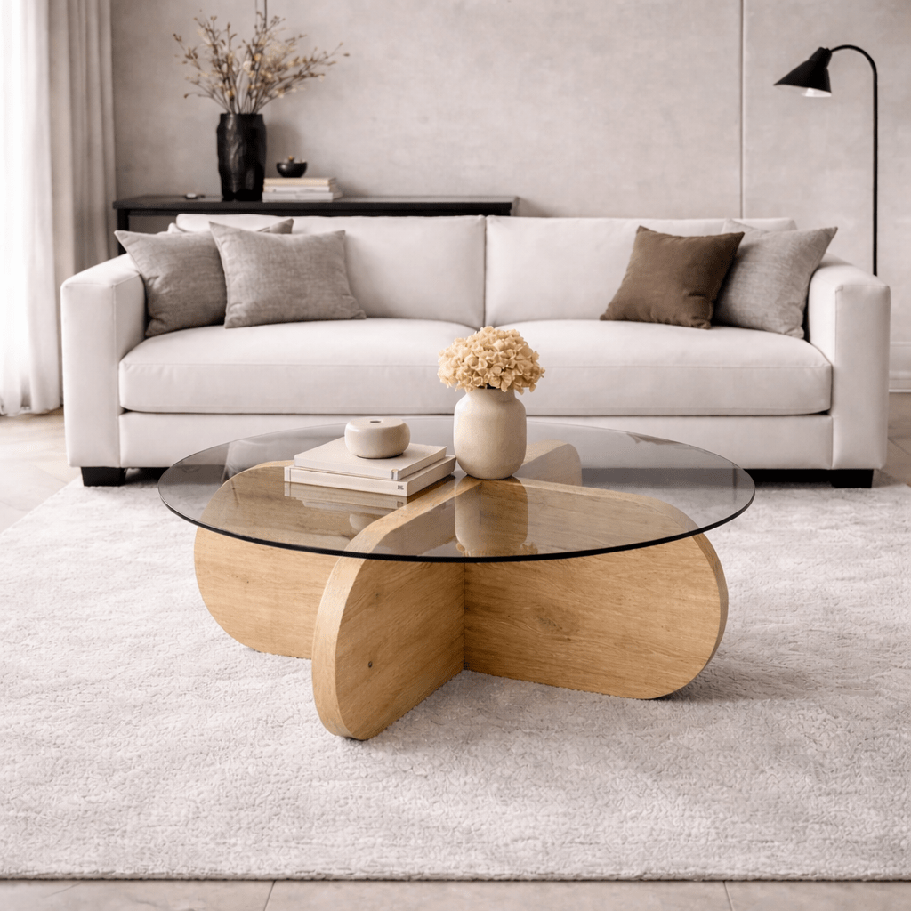Round coffee table Aris oak look melamine and transparent glass 75 cm