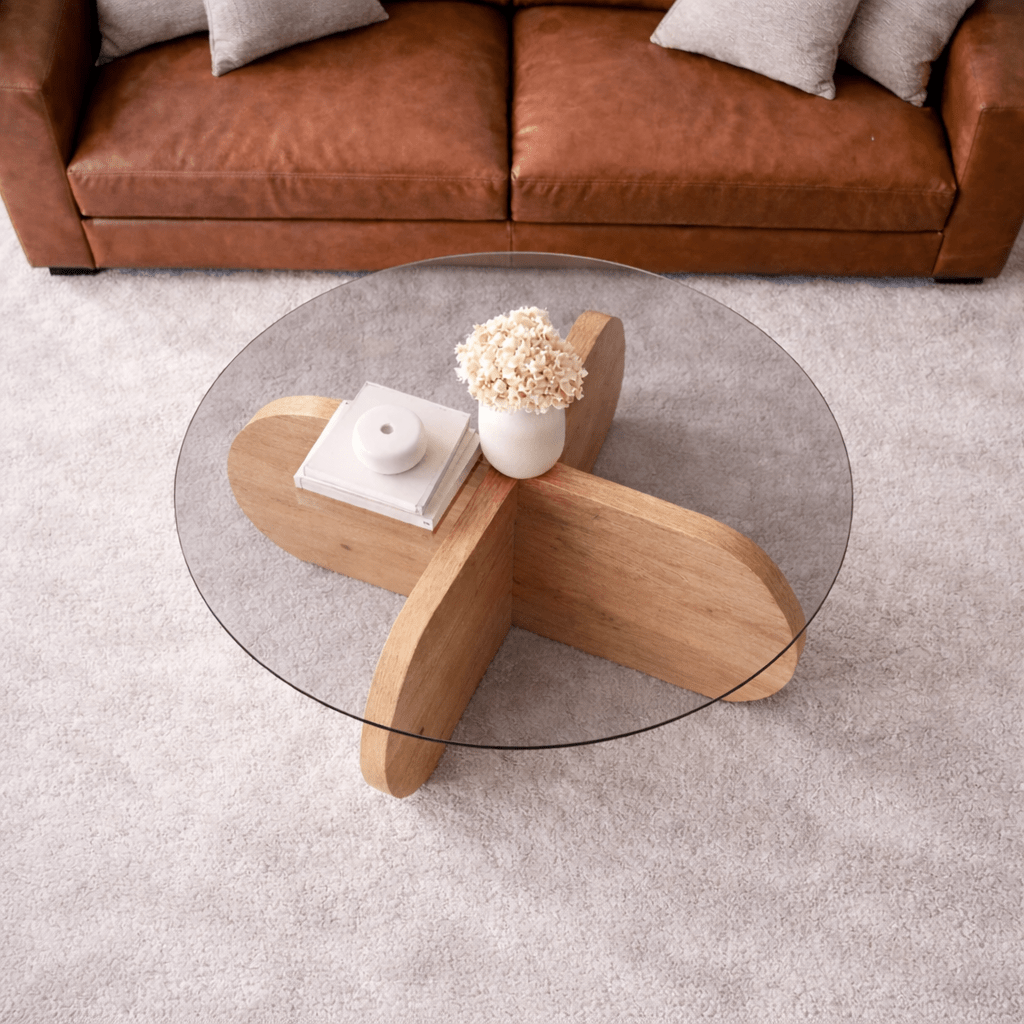 Round coffee table Aris oak look melamine and transparent glass 75 cm