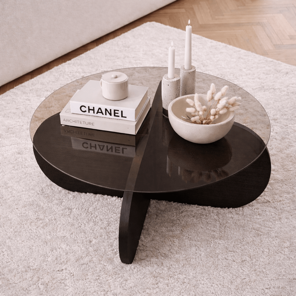 Round coffee table Aris black melamine and smoked glass 75 cm