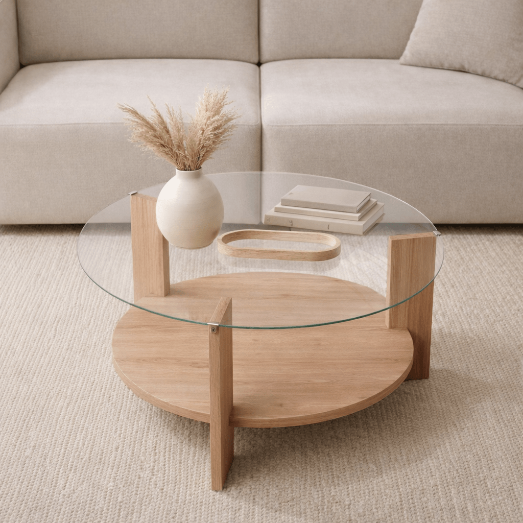 Cairo Coffee Table Round Ø75 cm Sapphire Oak - Glass 75x75x40 cm