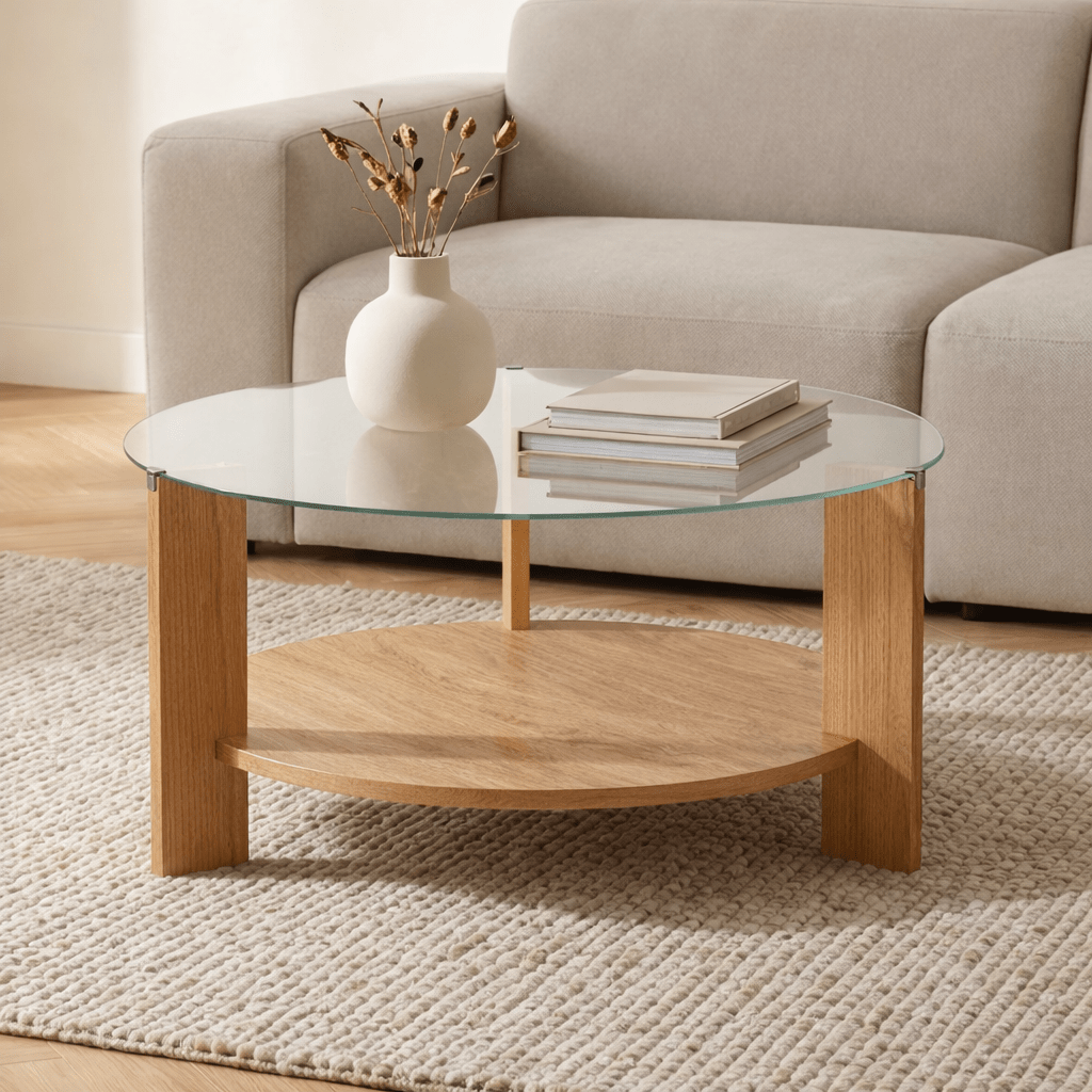 Cairo Coffee Table Round Ø75 cm Sapphire Oak - Glass 75x75x40 cm