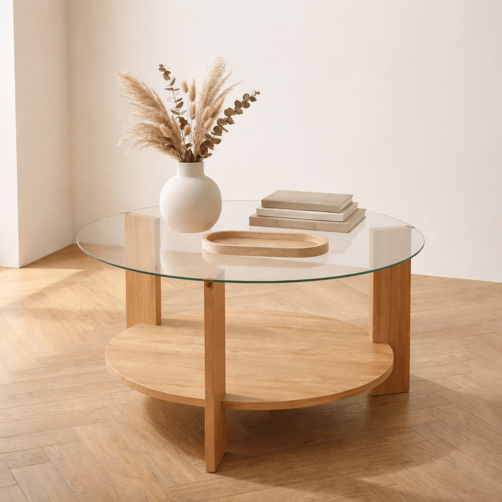 Cairo Coffee Table Round Ø75 cm Sapphire Oak - Glass 75x75x40 cm