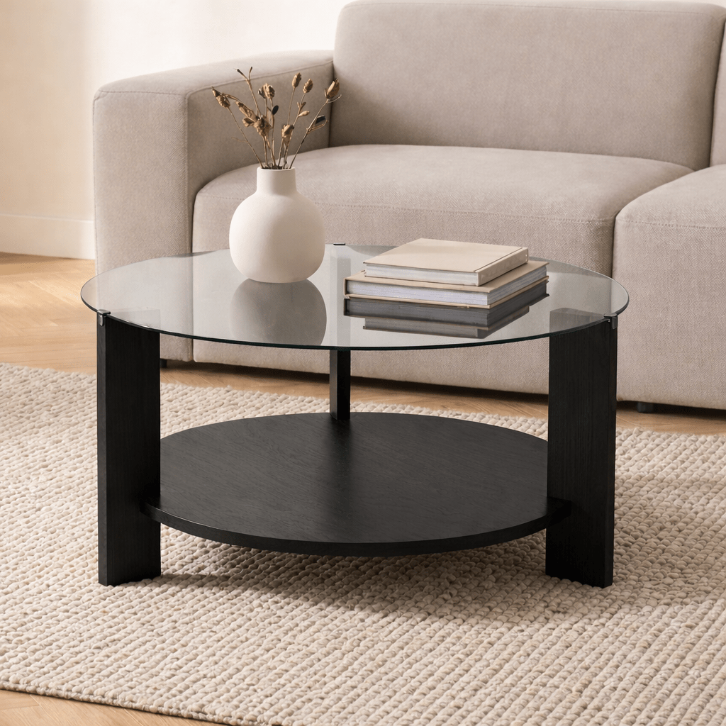 Cairo Coffee Table Round Ø75 cm Black Wood - Smoke Glass 75x75 cm