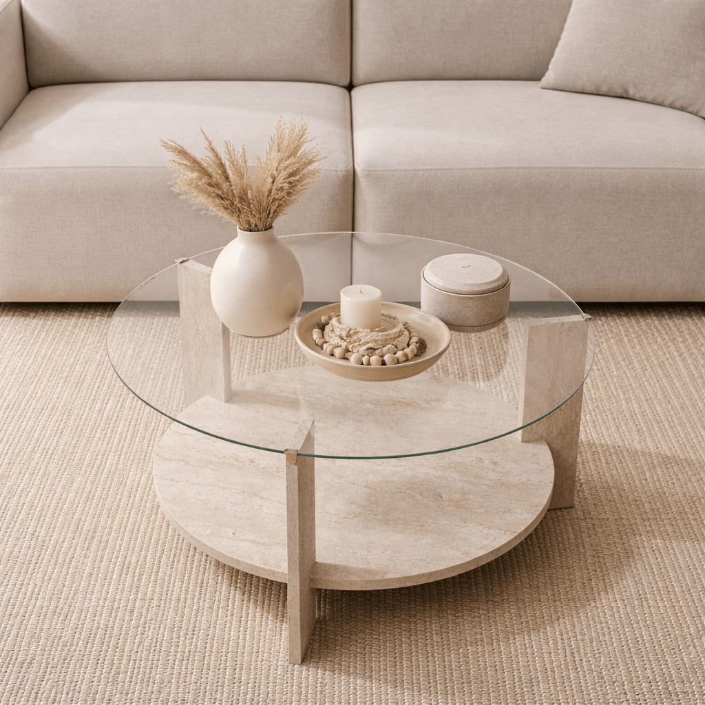 Cairo Coffee Table Round Ø75 cm Travertine - Glass 75x75x40 cm