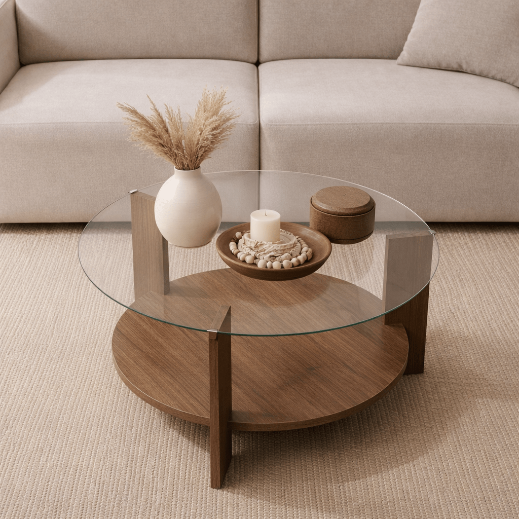 Cairo Coffee Table Round Ø75 cm Walnut - Glass 75x75x40 cm