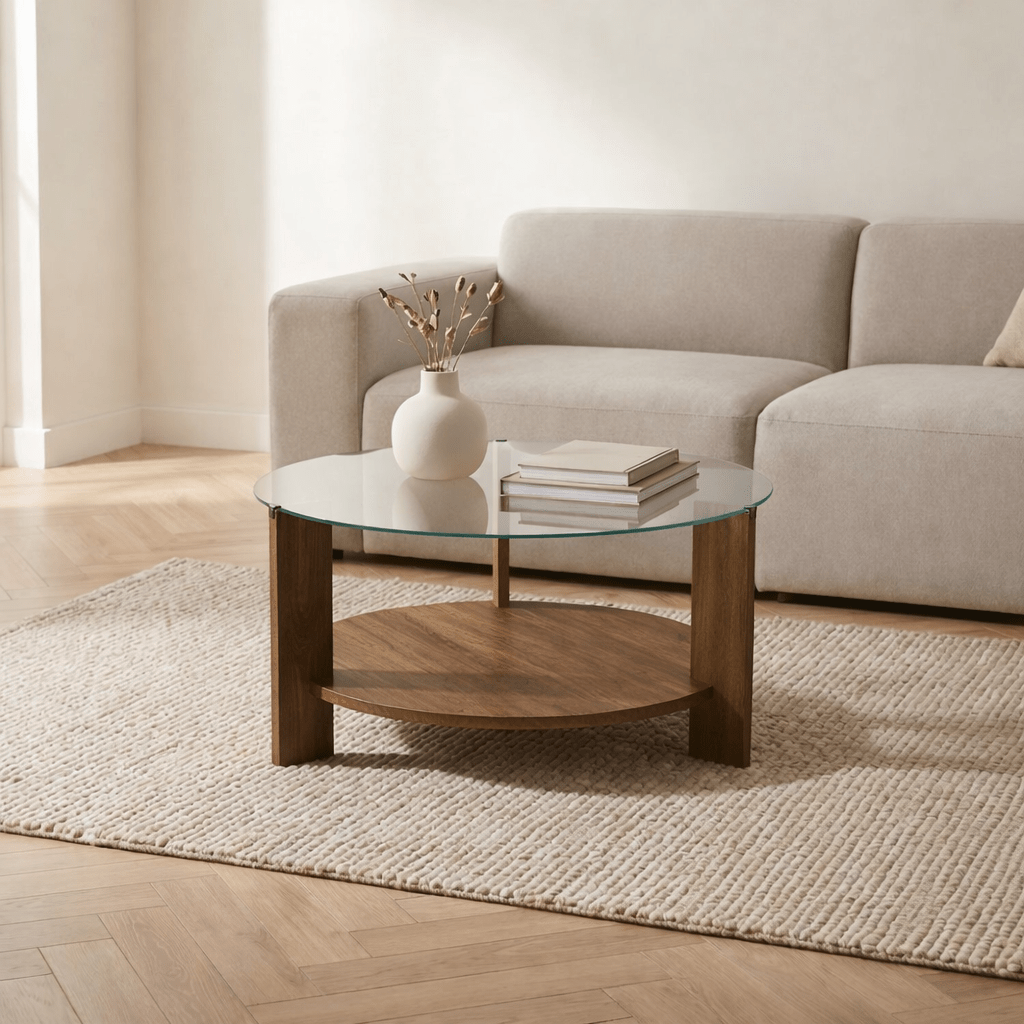 Cairo Coffee Table Round Ø75 cm Walnut - Glass 75x75x40 cm
