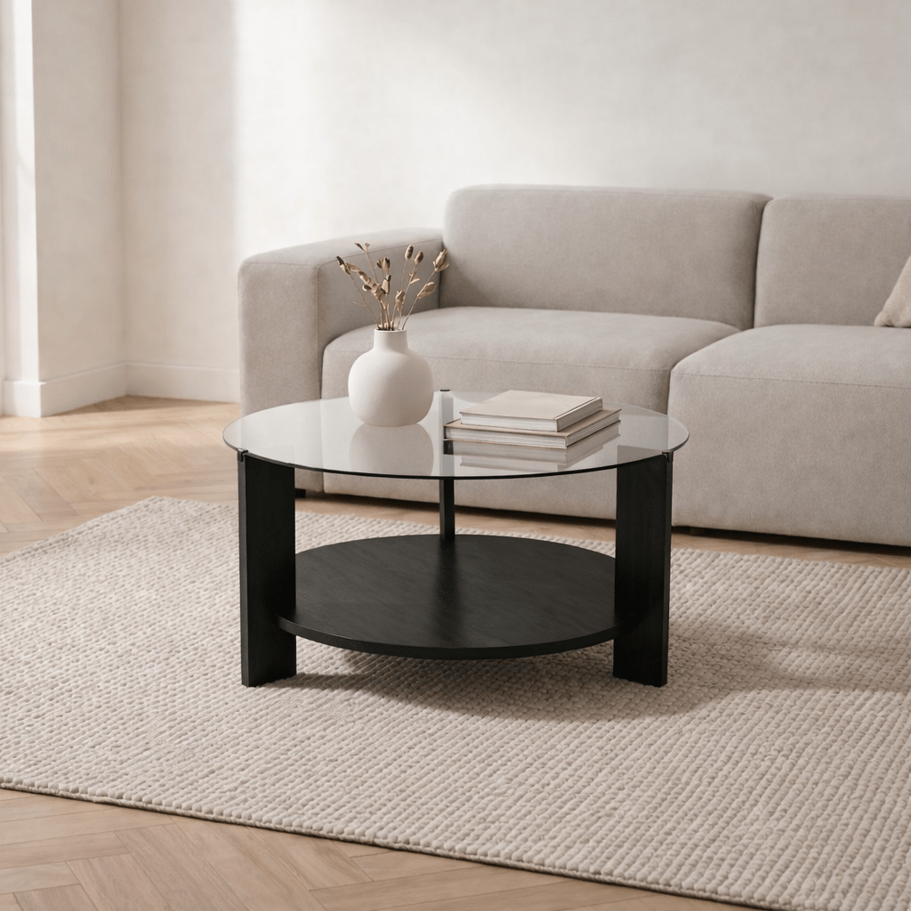 Cairo Coffee Table Round Ø75 cm Black Wood - Smoke Glass 75x75 cm