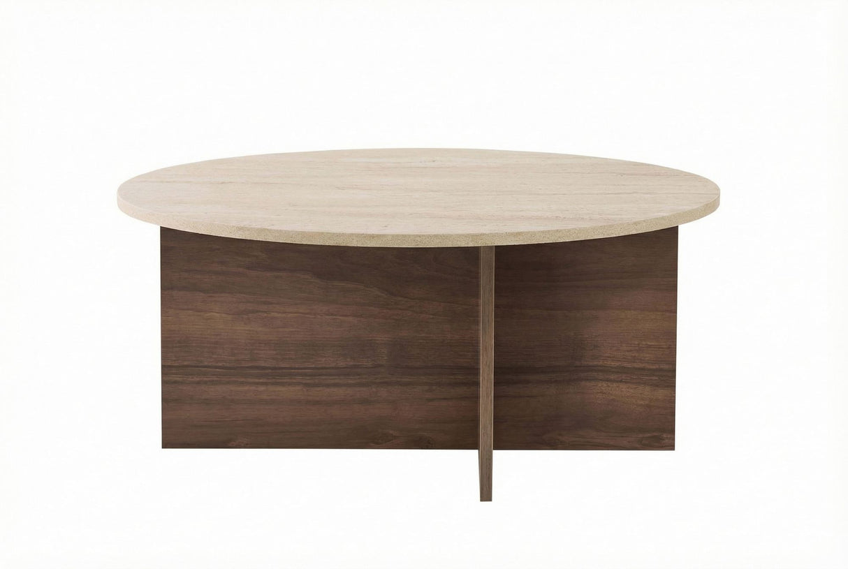 White photo round coffee table with travertine top and dark wooden base in cross shape.