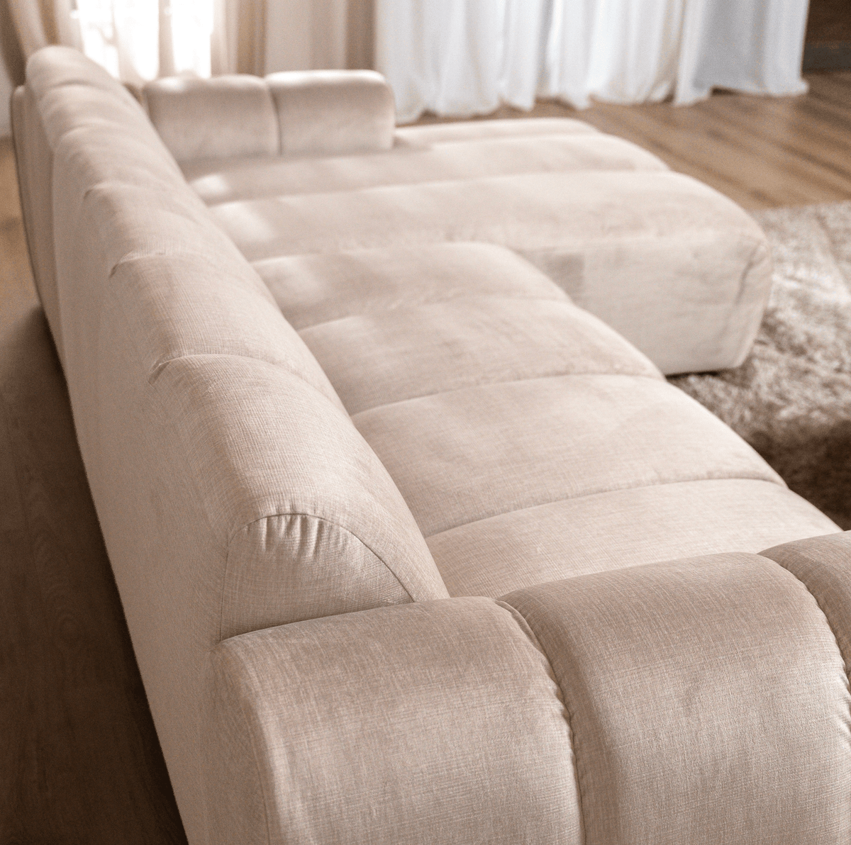 Sofas-Corner sofa with lounge beige velvet textured fabric - stripes - right - Brix-Dimehouse