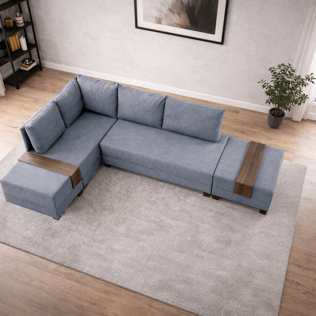 Corner sofa with sleeping function on the left fly blue