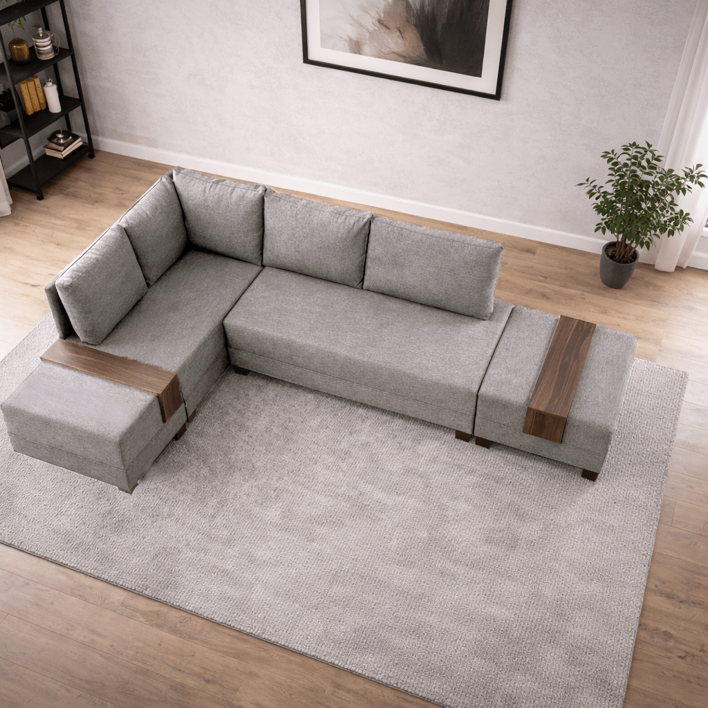 Corner sofa with sleeping function on the left fly cream