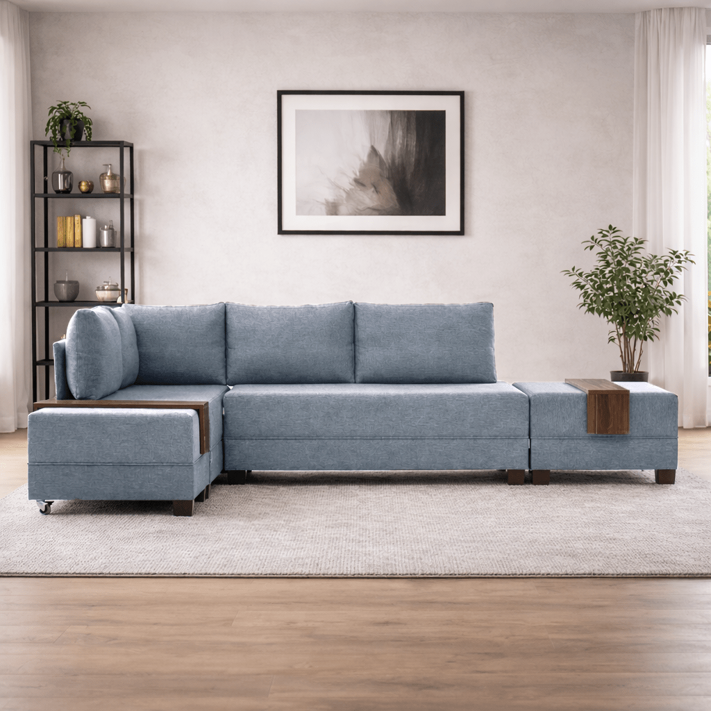 Corner sofa with sleeping function on the left fly blue