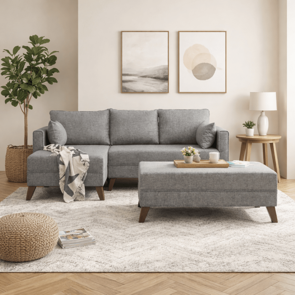 Sofas - Gray fabric sofa bed - corner sofa including ottoman - Left - Bella - Dimehouse