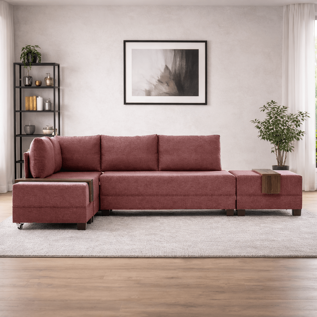 Corner sofa with sleeping function on the left fly claret red