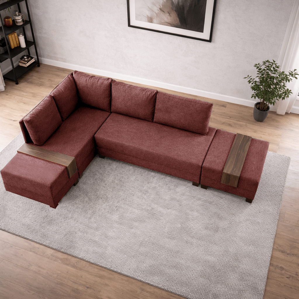 Corner sofa with sleeping function on the left fly claret red