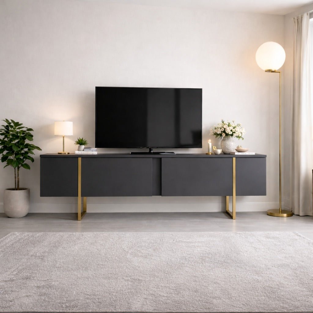 TV Meubels - TV Meubel Luxe Antraciet Goud Melamine 180x50x30 cm - Dimehouse