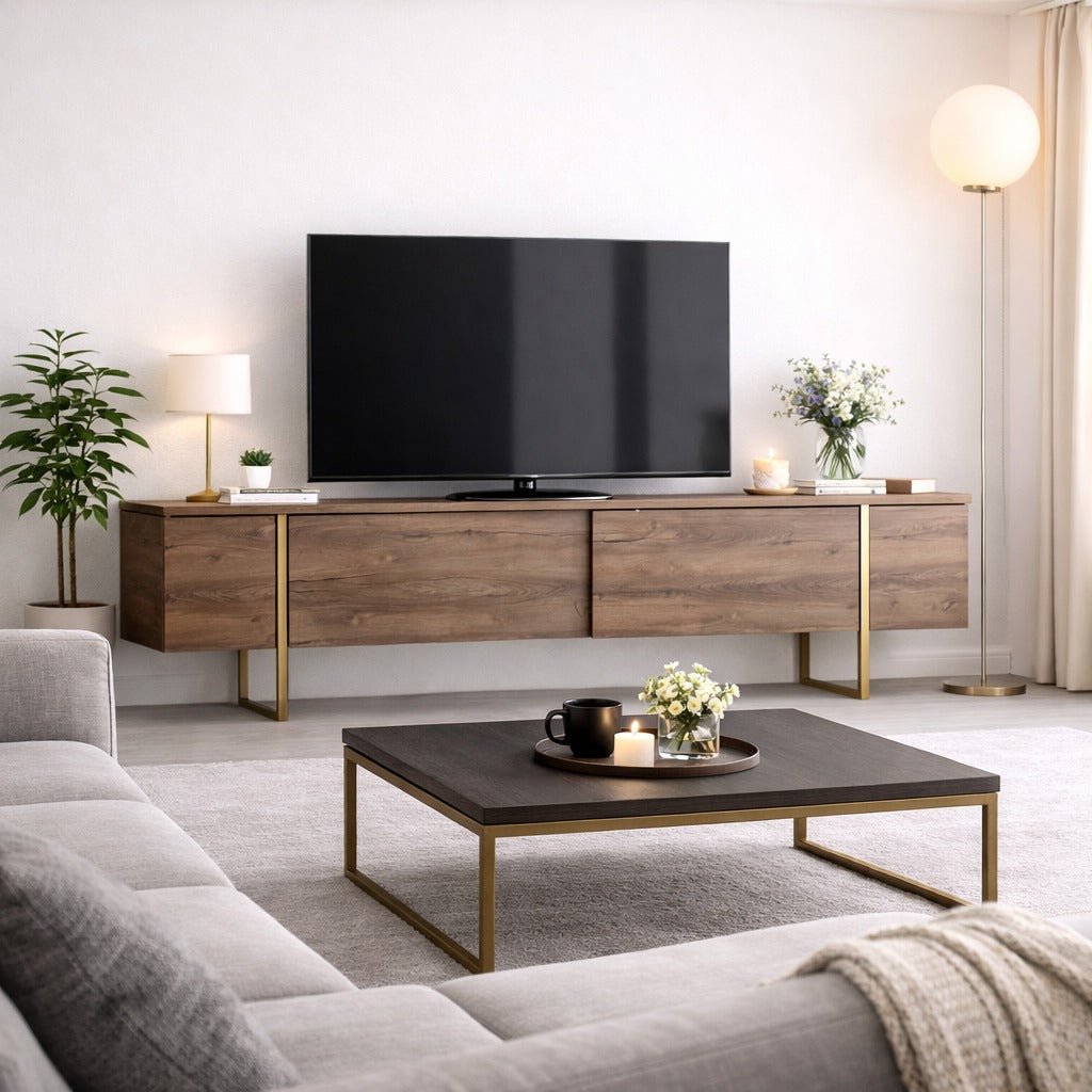 TV Meubels - TV Meubel Luxe Walnoot Goud Melamine 180x50x30 cm - Dimehouse