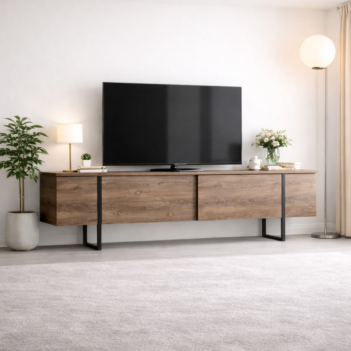 TV furniture luxury walnut black melamine 180x50x30 cm