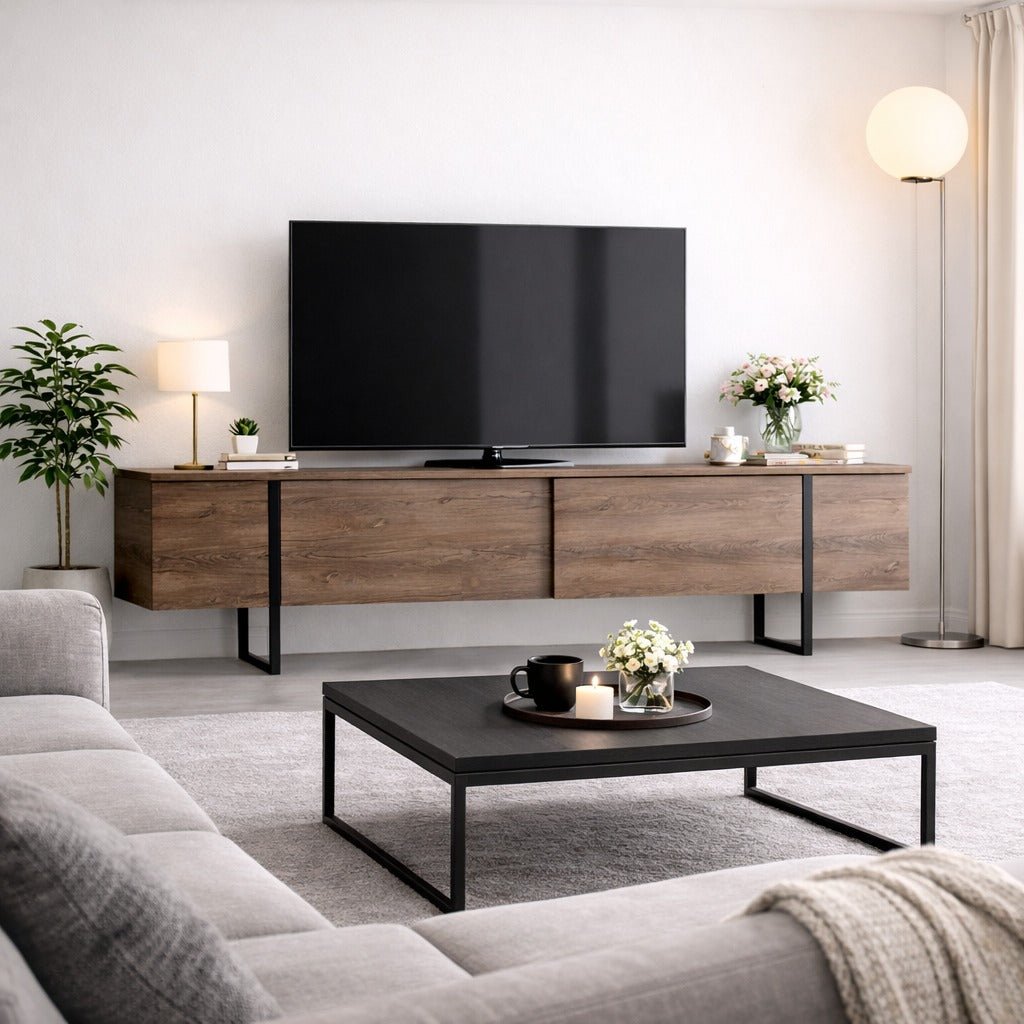 TV furniture luxury walnut black melamine 180x50x30 cm