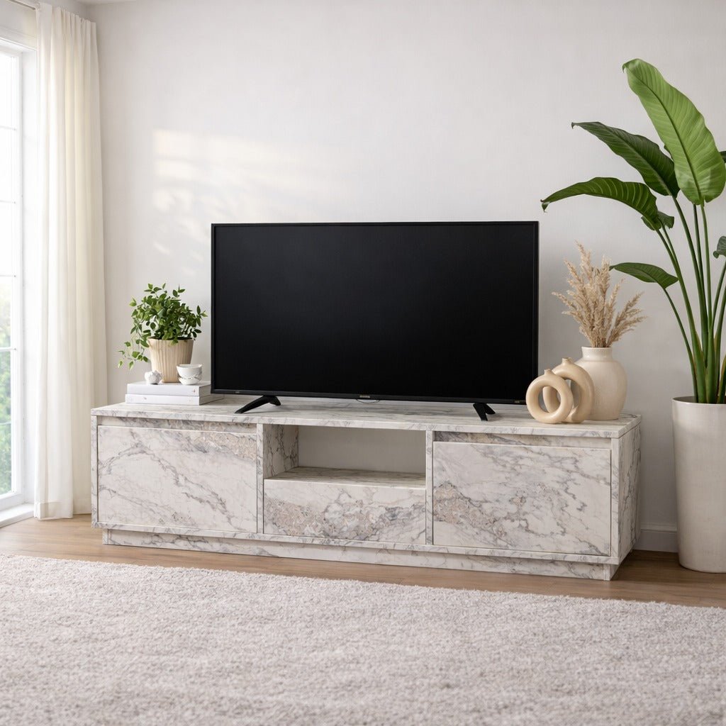 TV Meubels - TV Meubel Marmer Melamine - drie kastjes - 160x42x29,5 cm - Flare - Dimehouse